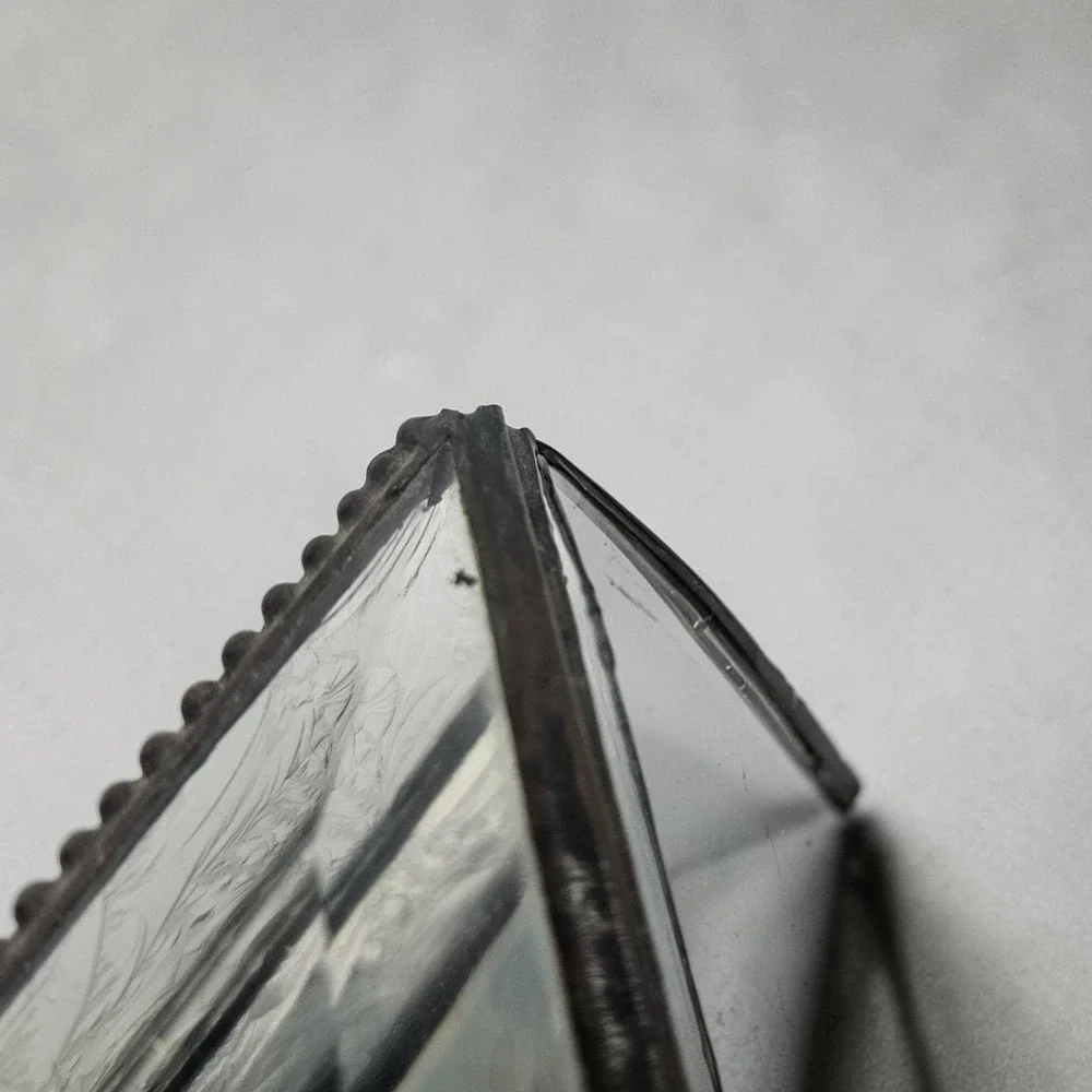 Vintage Etched Clear Beveled Leaded Glass Jewelry Triangle Art Deco Box Trinket